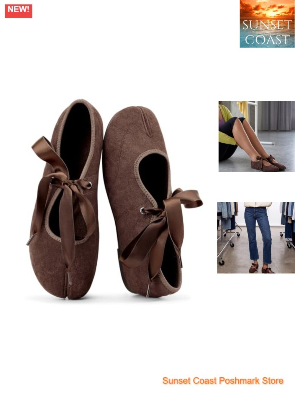 Women Suede Tabi Split-Toe Mary Jane Ballet Flats Lace-Up Round Toe